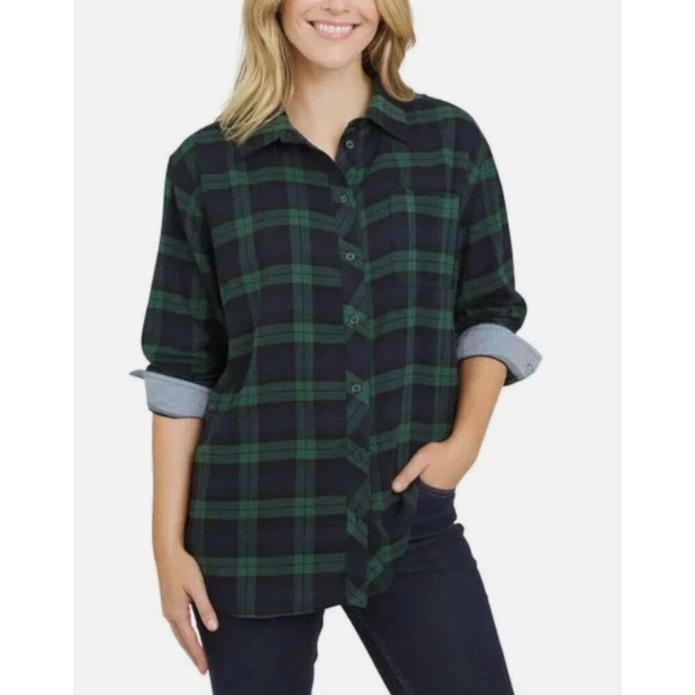NEW NWT Dark Green Plaid Sz Small Button Up Roomy Soft Flannel Shirt LANDS END